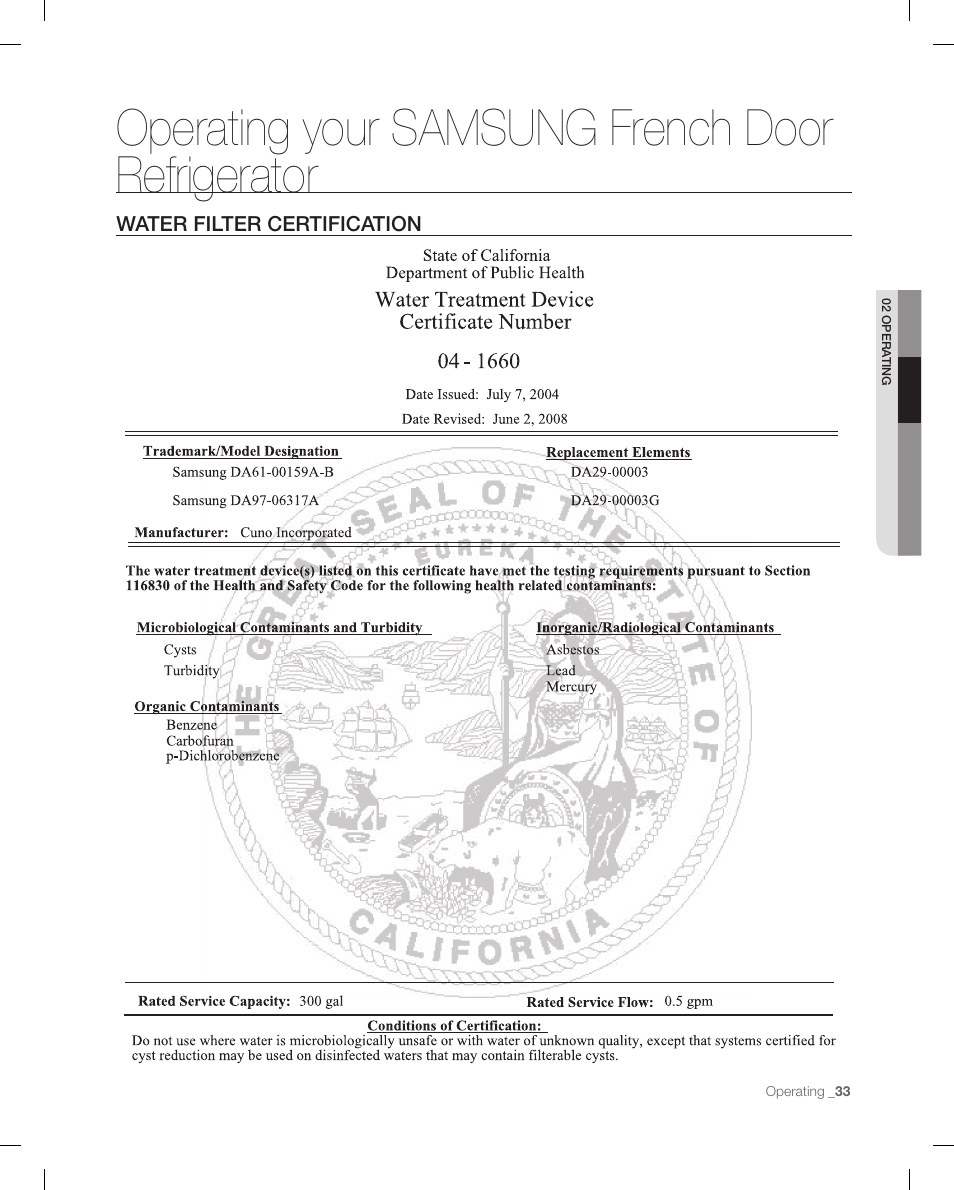 Water filter certification, Operating your samsung french door refrigerator | Samsung RFG295AAWP-XAA User Manual | Page 33 / 38