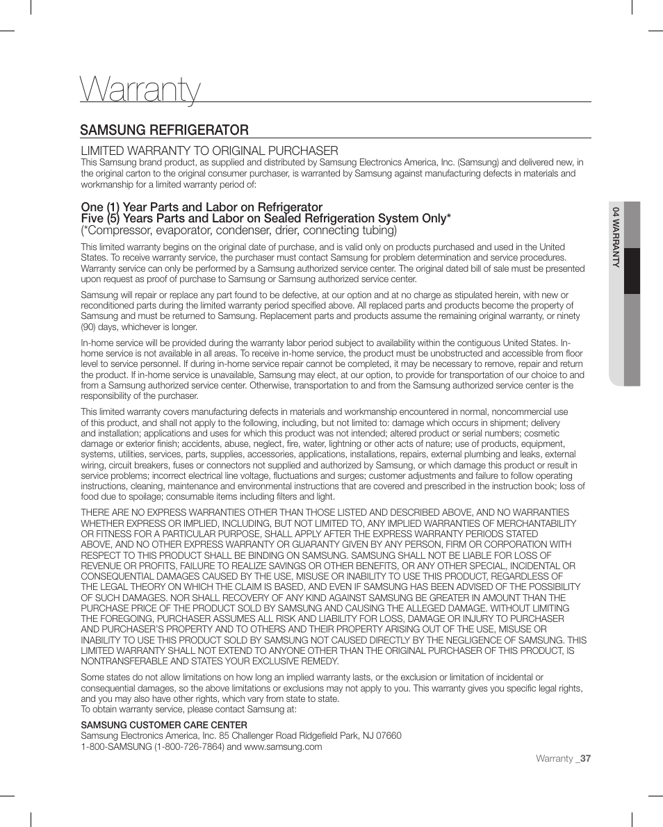 Warranty, Samsung refrigerator, Limited warranty to original purchaser | Samsung RFG295AAWP-XAA User Manual | Page 37 / 38