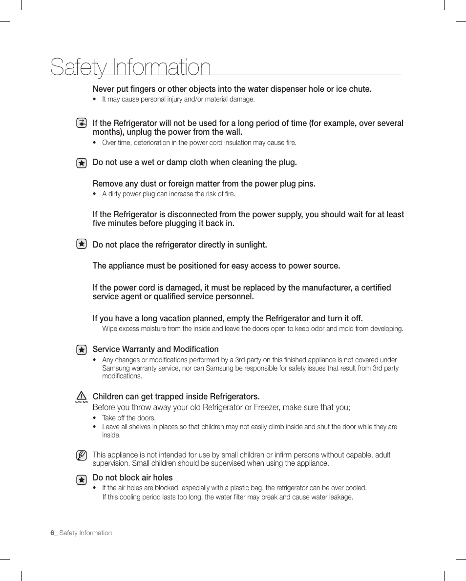 Safety information | Samsung RFG295AAWP-XAA User Manual | Page 6 / 38