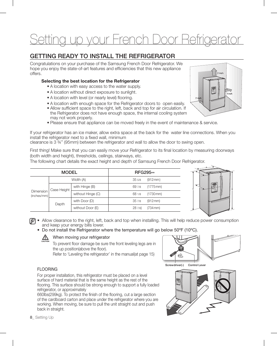 Setting up your french door refrigerator, Getting ready to insta ll the refrigerato r, Getting ready to install the refrigerator | Samsung RFG295AAWP-XAA User Manual | Page 8 / 38