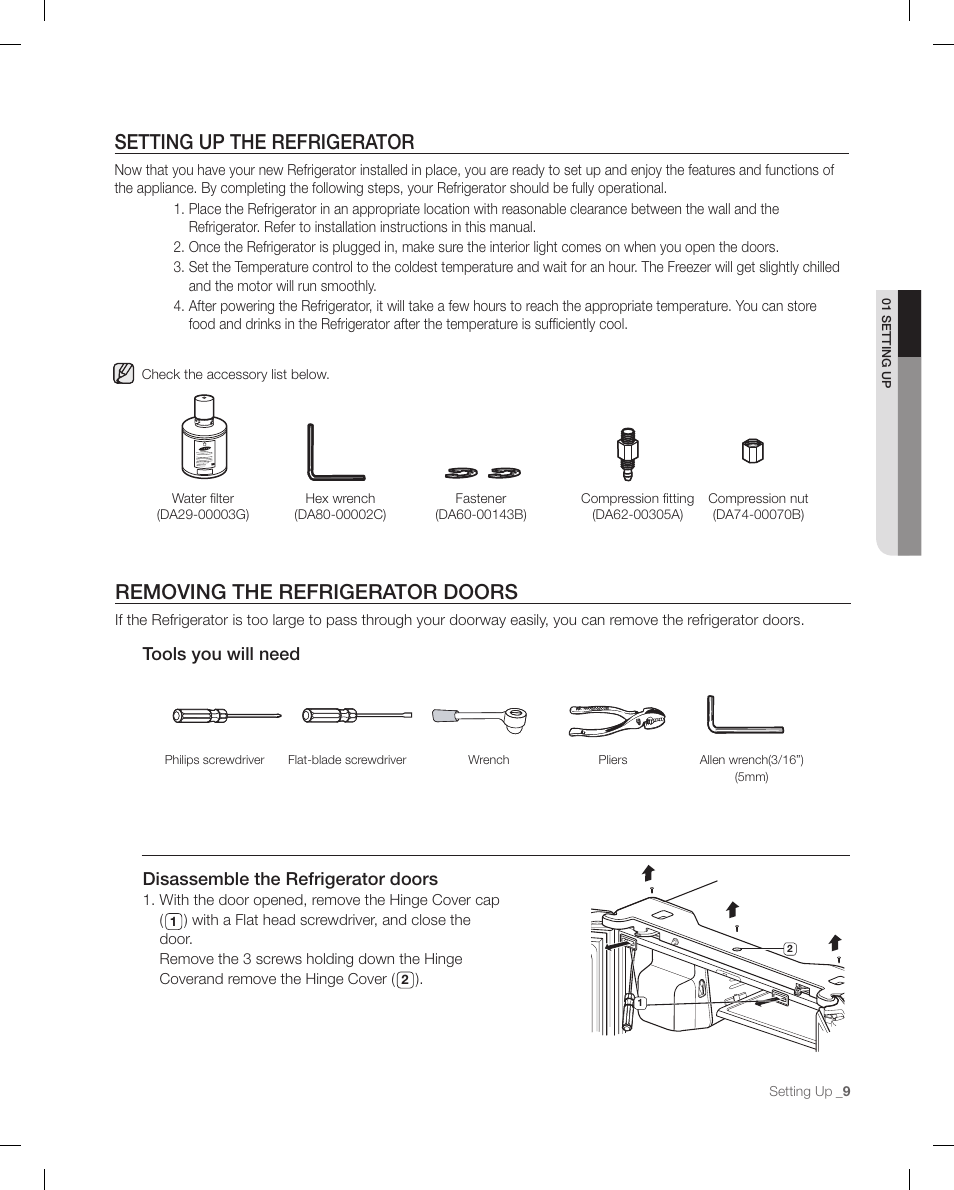 Setting up the refrigerato r, Removing the refrigerator doors, Setting up the refrigerator | Disassemble the refrigerator doors, Tools you will need | Samsung RFG295AAWP-XAA User Manual | Page 9 / 38