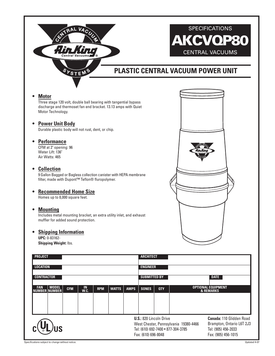 Air King AKCVQP80 User Manual | 1 page