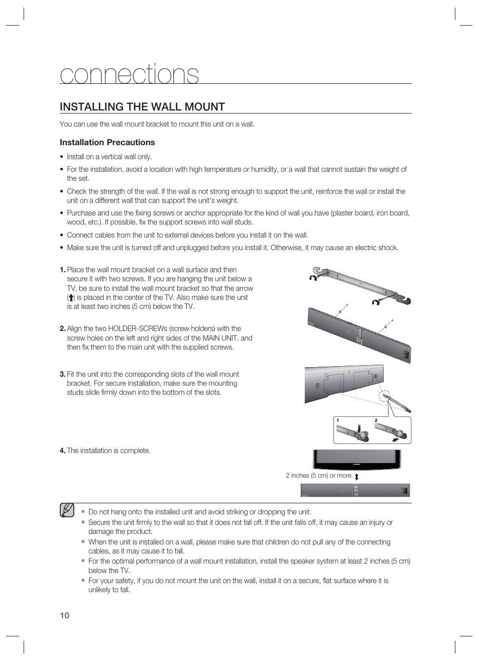 Connections, Installing the wall mount | Samsung HW-F850-ZA User Manual | Page 10 / 28