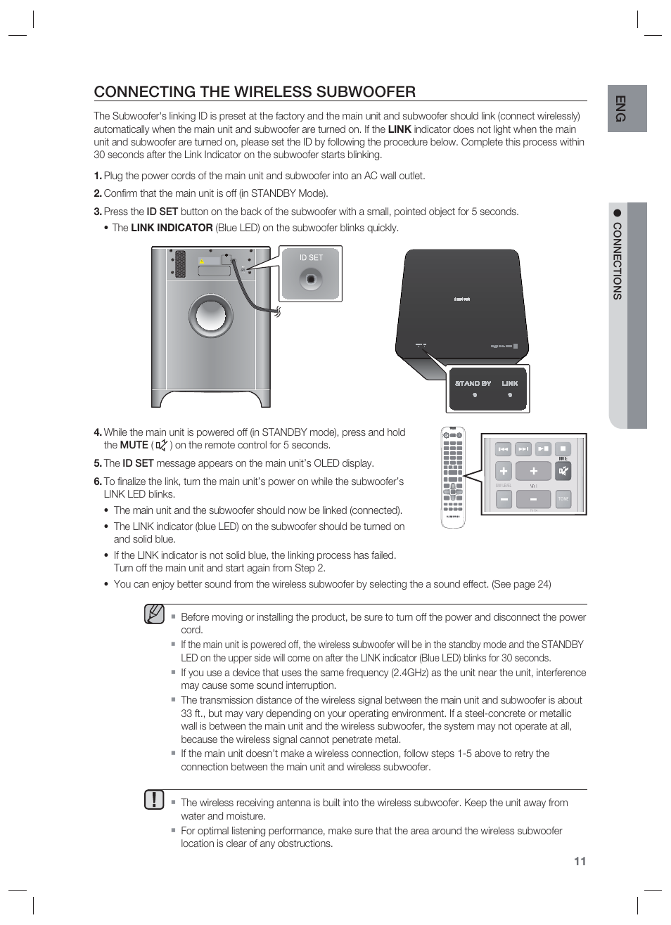 Connecting the wireless subwoofer | Samsung HW-F850-ZA User Manual | Page 11 / 28