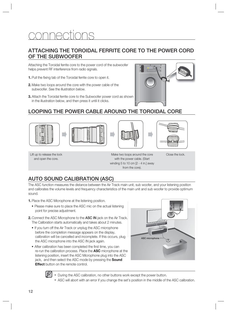 Looping the power cable around the toroidal core, Auto sound calibration (asc), Connections | Samsung HW-F850-ZA User Manual | Page 12 / 28
