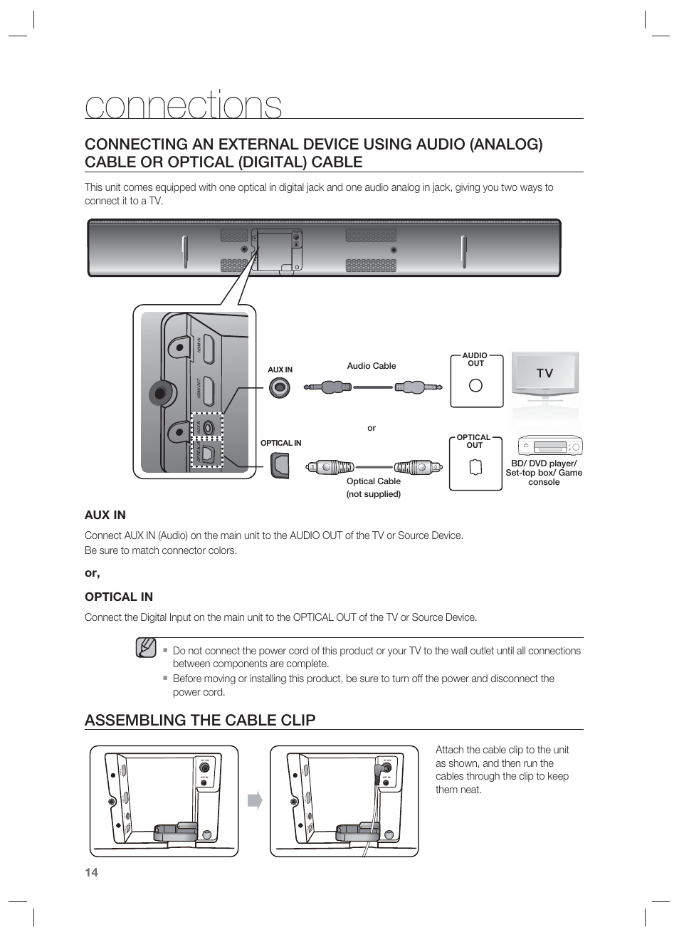 Assembling the cable clip, Connections, Aux in | Or, optical in | Samsung HW-F850-ZA User Manual | Page 14 / 28