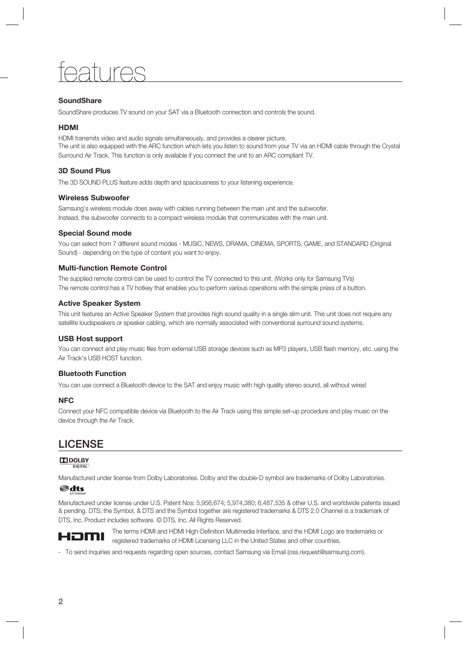 Features, License | Samsung HW-F850-ZA User Manual | Page 2 / 28