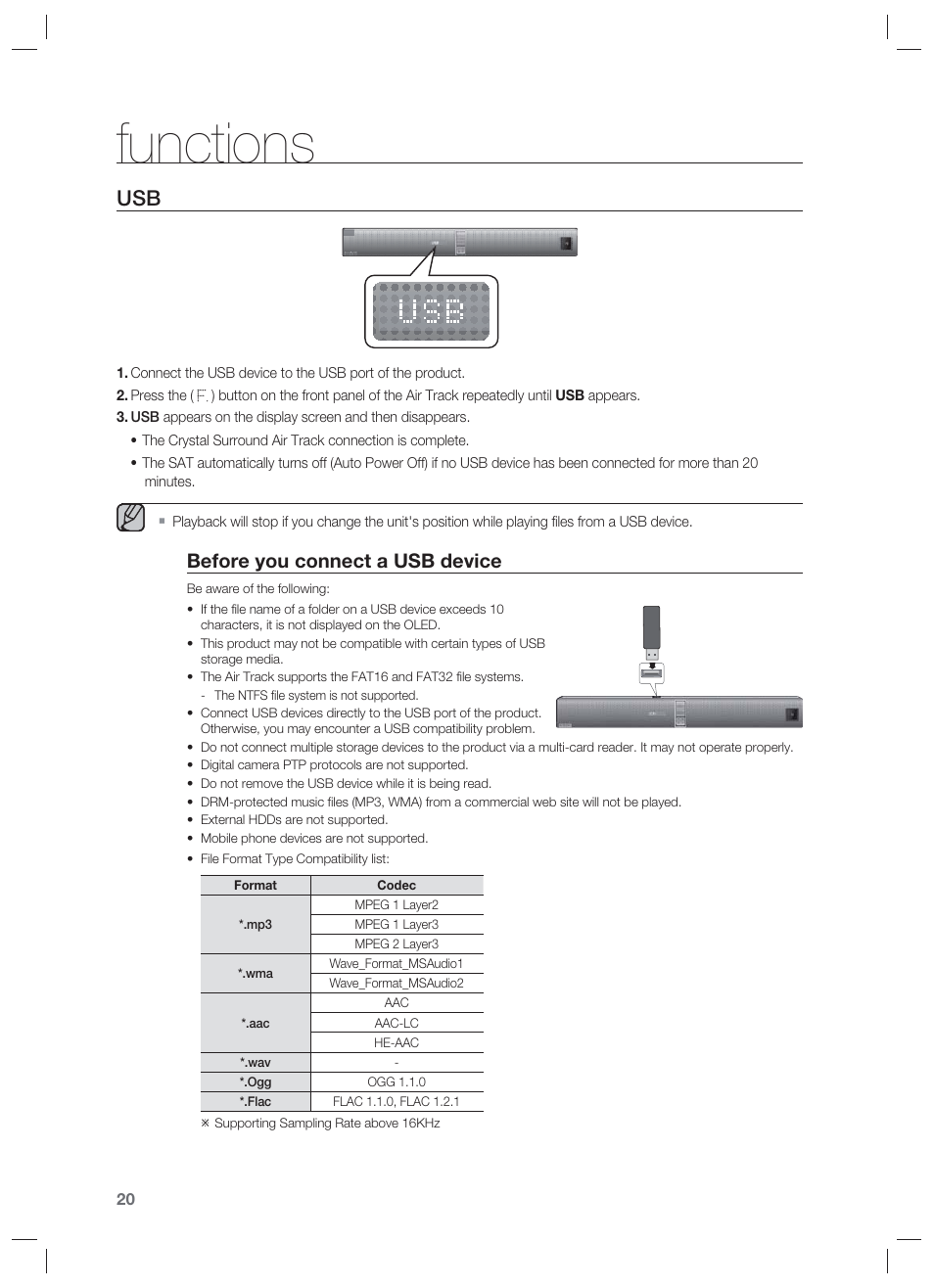 Functions, Before you connect a usb device | Samsung HW-F850-ZA User Manual | Page 20 / 28