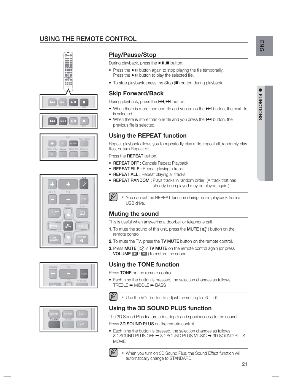 Using the remote control, Play/pause/stop, Skip forward/back | Using the repeat function, Muting the sound, Using the tone function, Using the 3d sound plus function | Samsung HW-F850-ZA User Manual | Page 21 / 28
