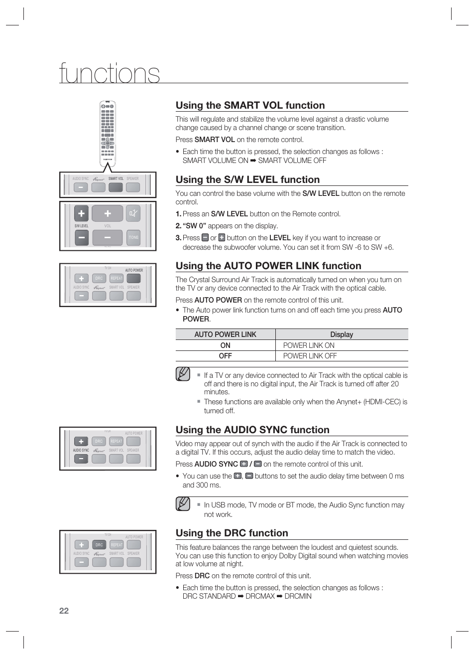 Functions, Using the smart vol function, Using the s/w level function | Using the auto power link function, Using the audio sync function, Using the drc function | Samsung HW-F850-ZA User Manual | Page 22 / 28