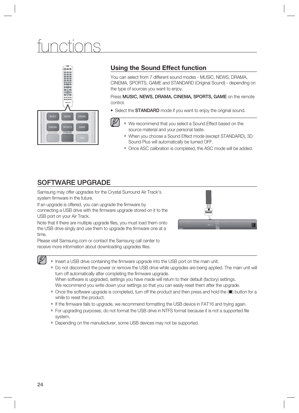 Software upgrade, Functions, Using the sound effect function | Samsung HW-F850-ZA User Manual | Page 24 / 28