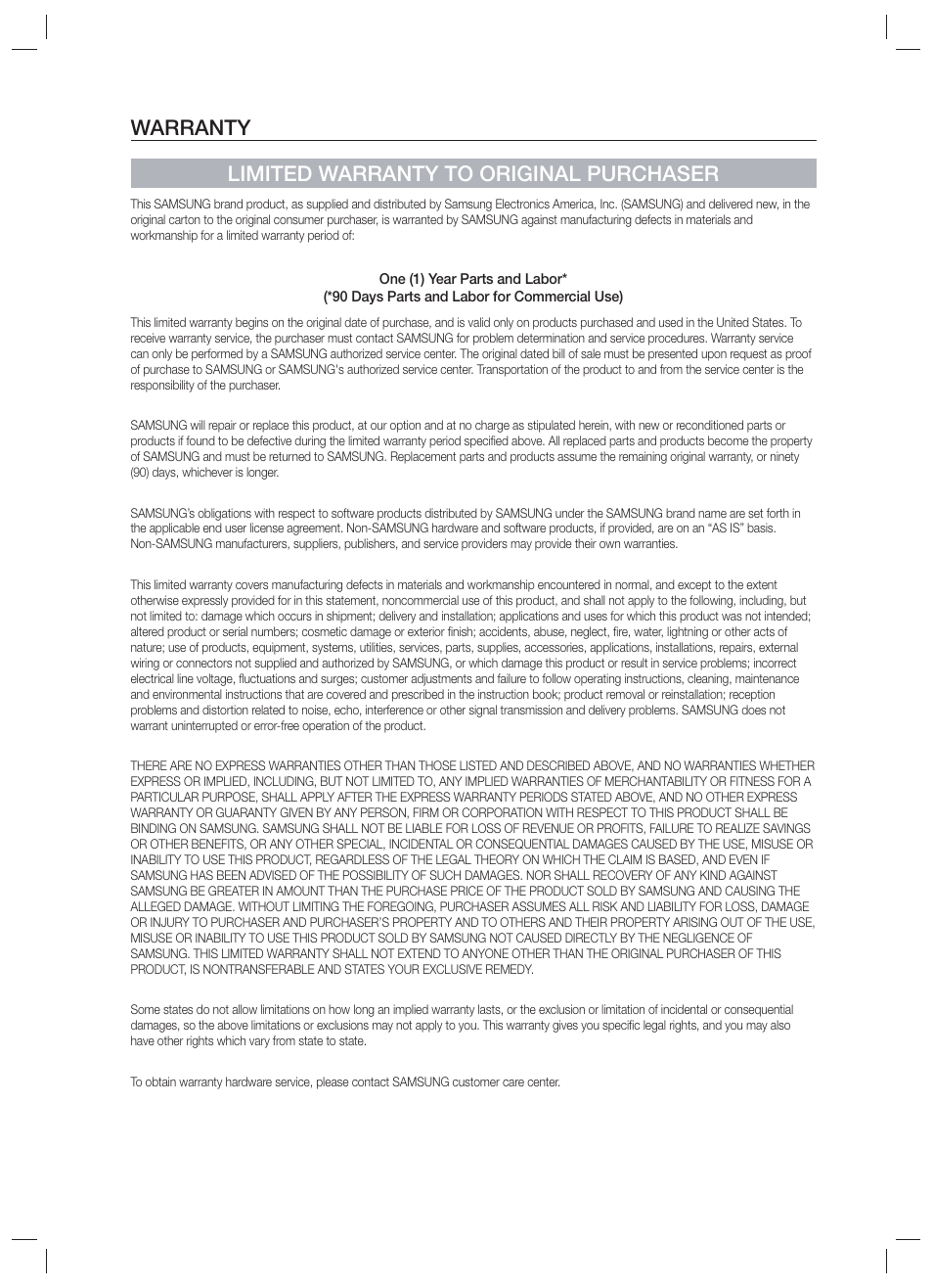 Warranty, Warranty limited warranty to original purchaser | Samsung HW-F850-ZA User Manual | Page 27 / 28