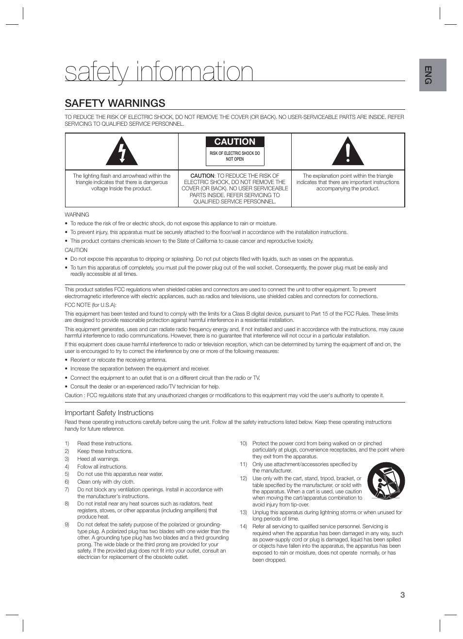 Safety information, Safety warnings, Caution | Samsung HW-F850-ZA User Manual | Page 3 / 28