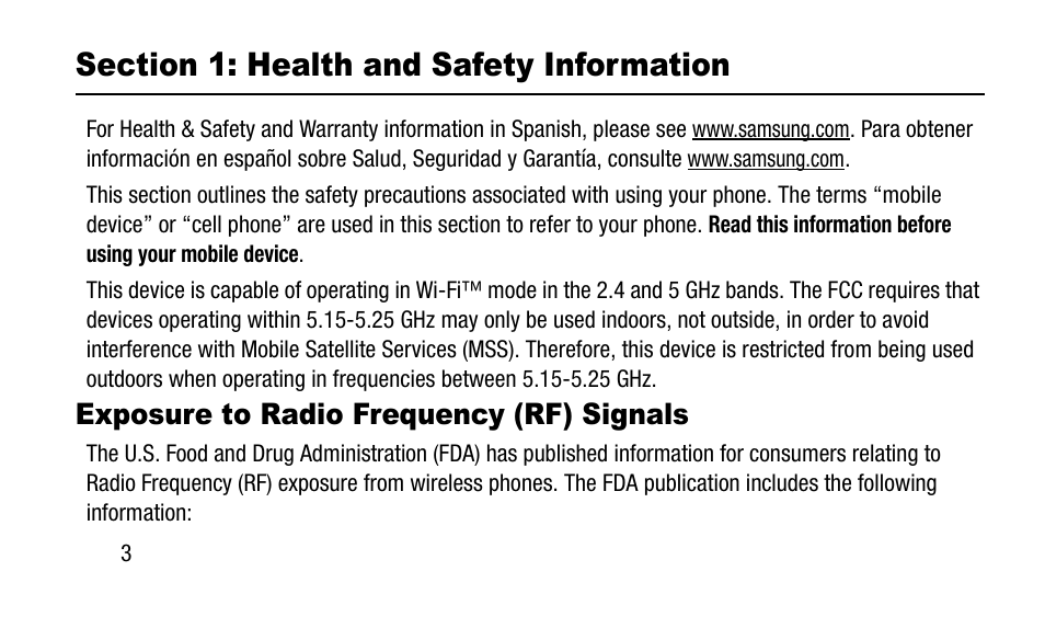 Section 1: health and safety information, Exposure to radio frequency (rf) signals, Exposure to radio frequency (rf) | Signals | Samsung SM-N900TZWETMB User Manual | Page 10 / 88