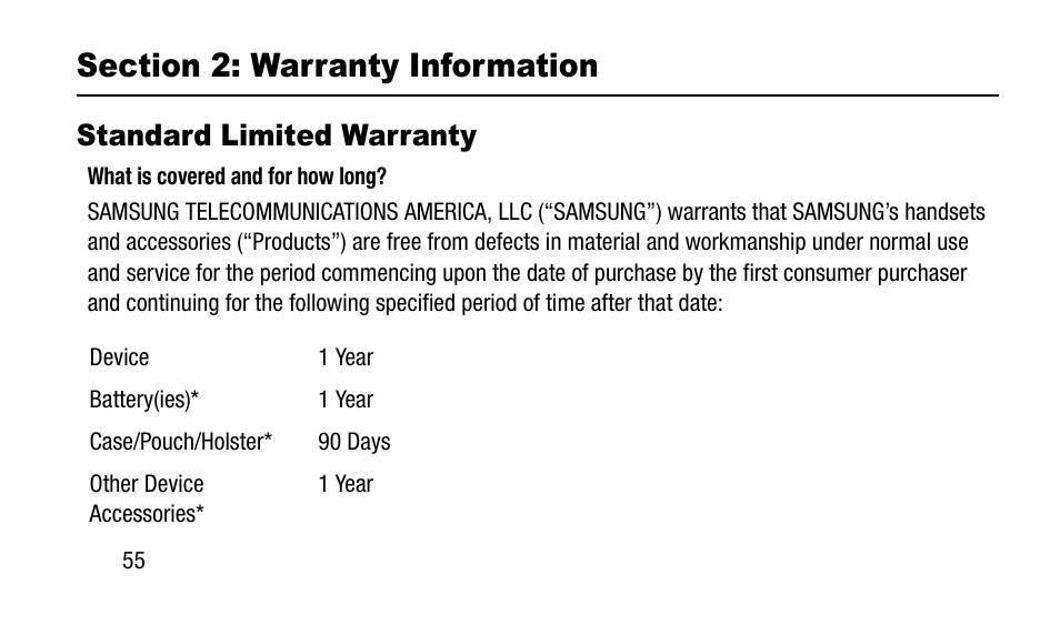 Section 2: warranty information, Standard limited warranty | Samsung SM-N900TZWETMB User Manual | Page 62 / 88