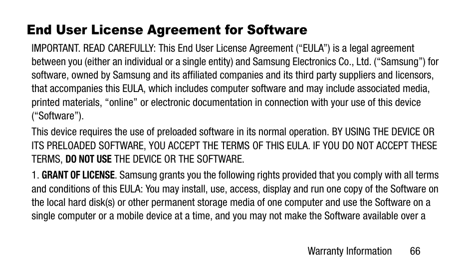 End user license agreement for software, End user license agreement for, Software | Samsung SM-N900TZWETMB User Manual | Page 73 / 88