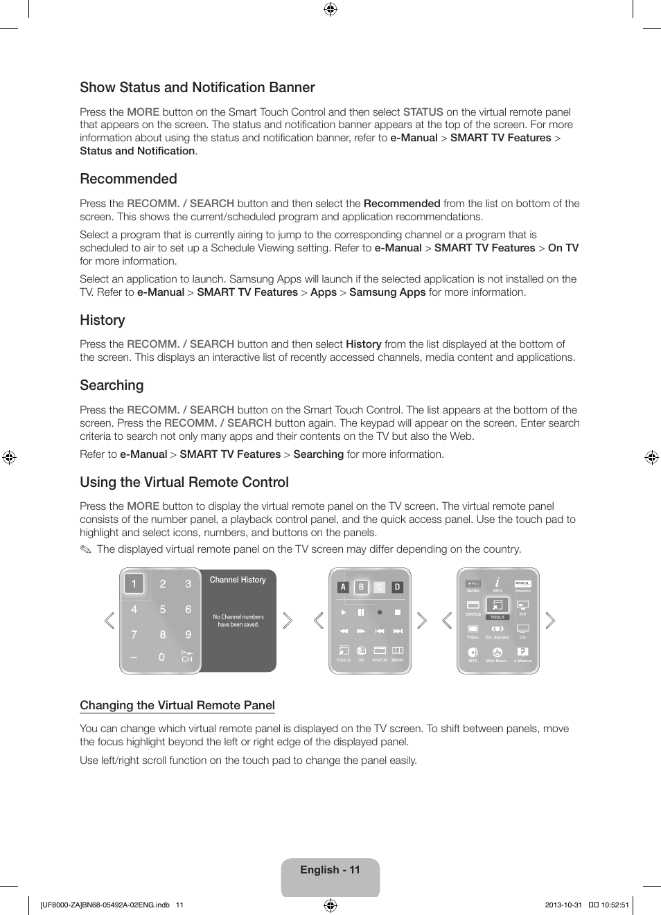 Show status and notification banner, Recommended, History | Searching, Using the virtual remote control, Changing the virtual remote panel | Samsung UN60F8000BFXZA User Manual | Page 11 / 38