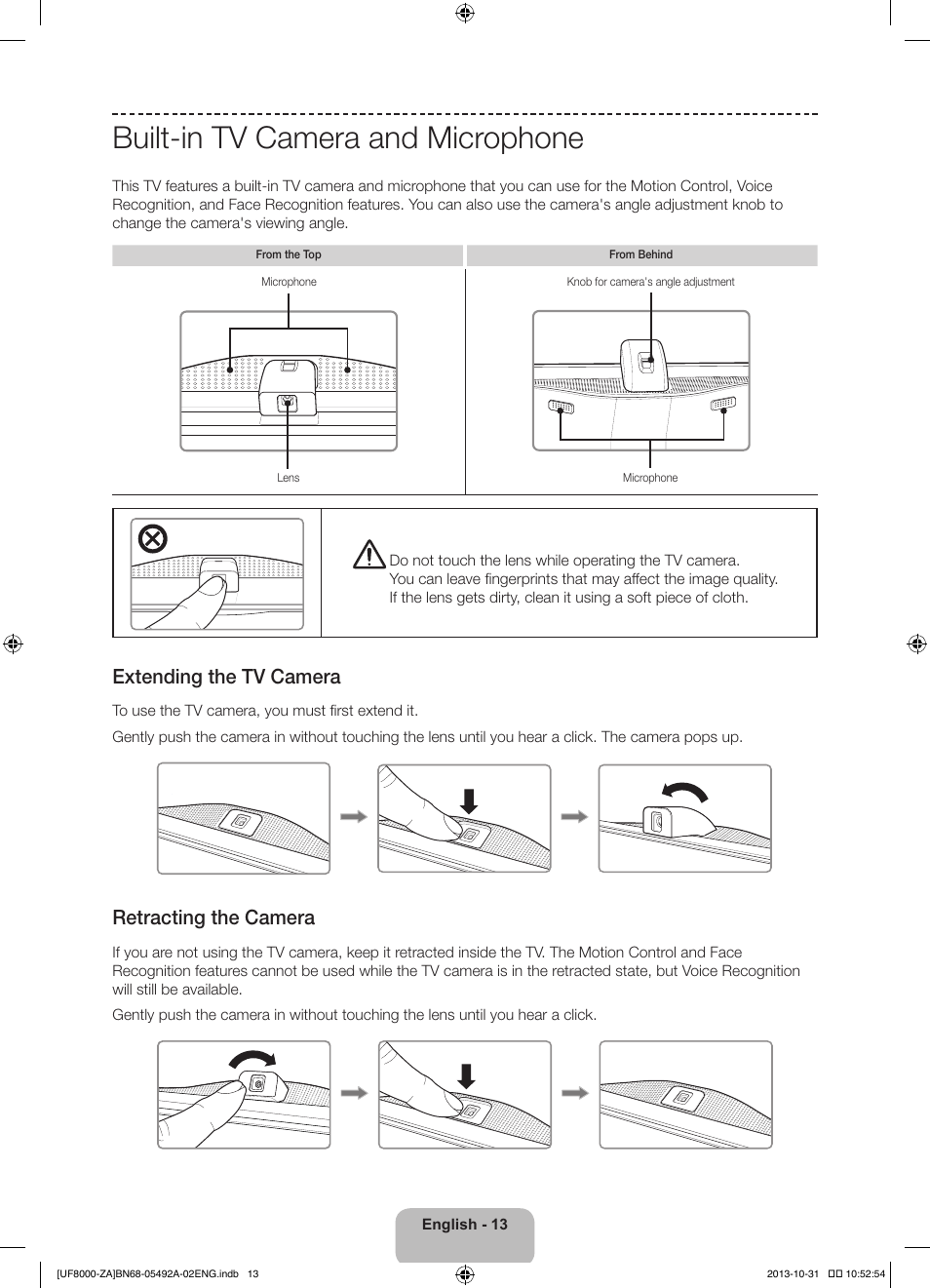 Built-in tv camera and microphone, 경고 주의 경고 주의 | Samsung UN60F8000BFXZA User Manual | Page 13 / 38