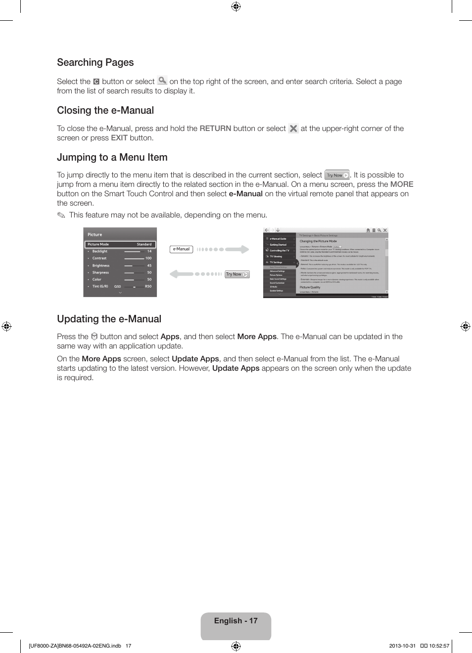 Searching pages, Closing the e-manual, Jumping to a menu item | Updating the e-manual | Samsung UN60F8000BFXZA User Manual | Page 17 / 38