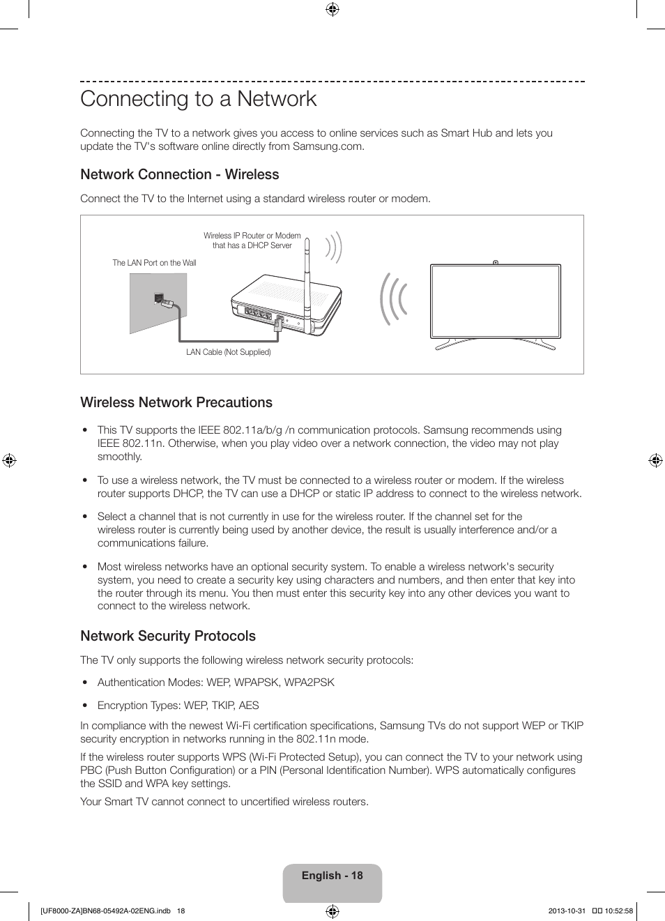 Connecting to a network, Network connection - wireless, Wireless network precautions | Network security protocols | Samsung UN60F8000BFXZA User Manual | Page 18 / 38