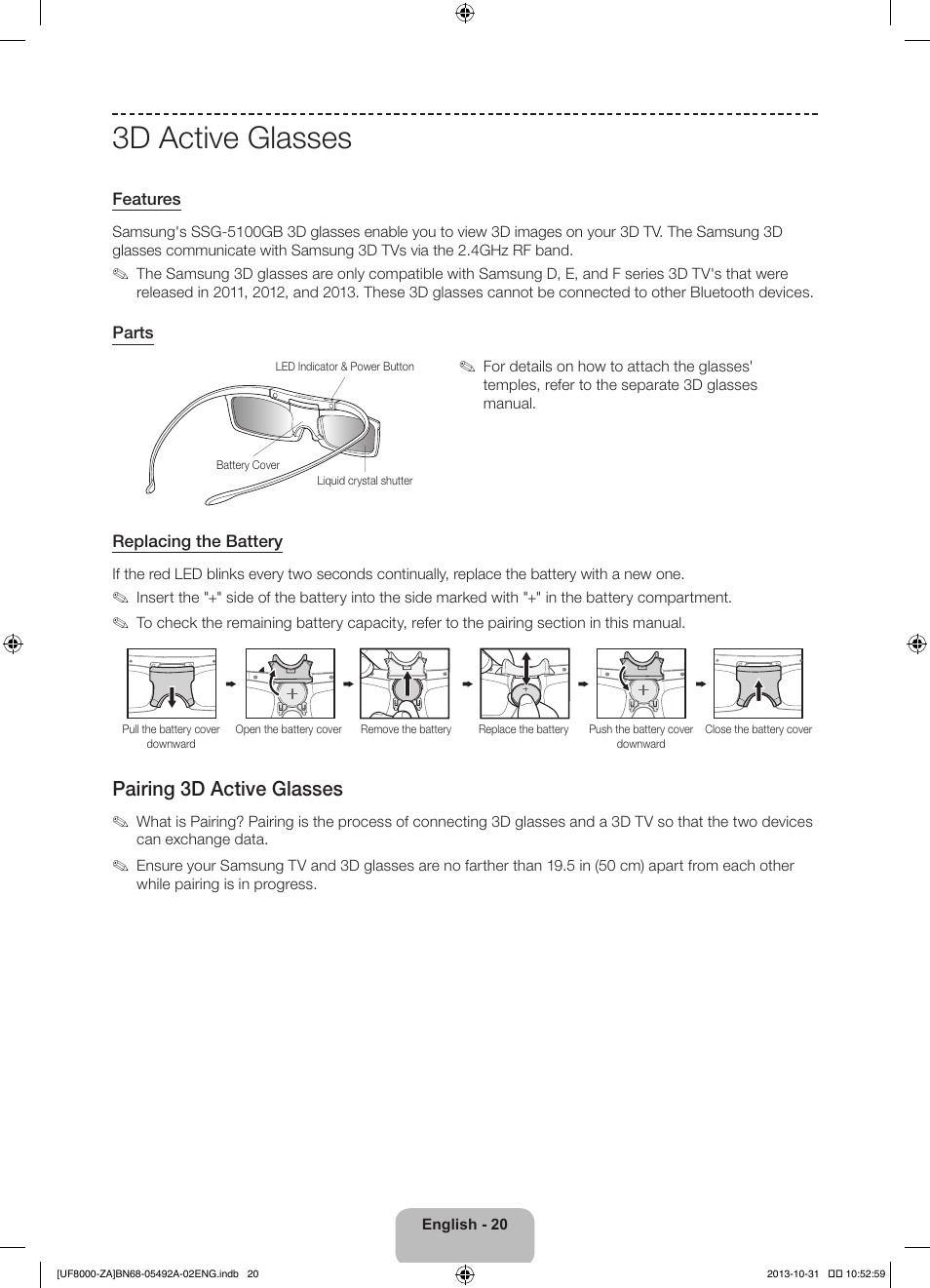 3d active glasses, Pairing 3d active glasses | Samsung UN60F8000BFXZA User Manual | Page 20 / 38
