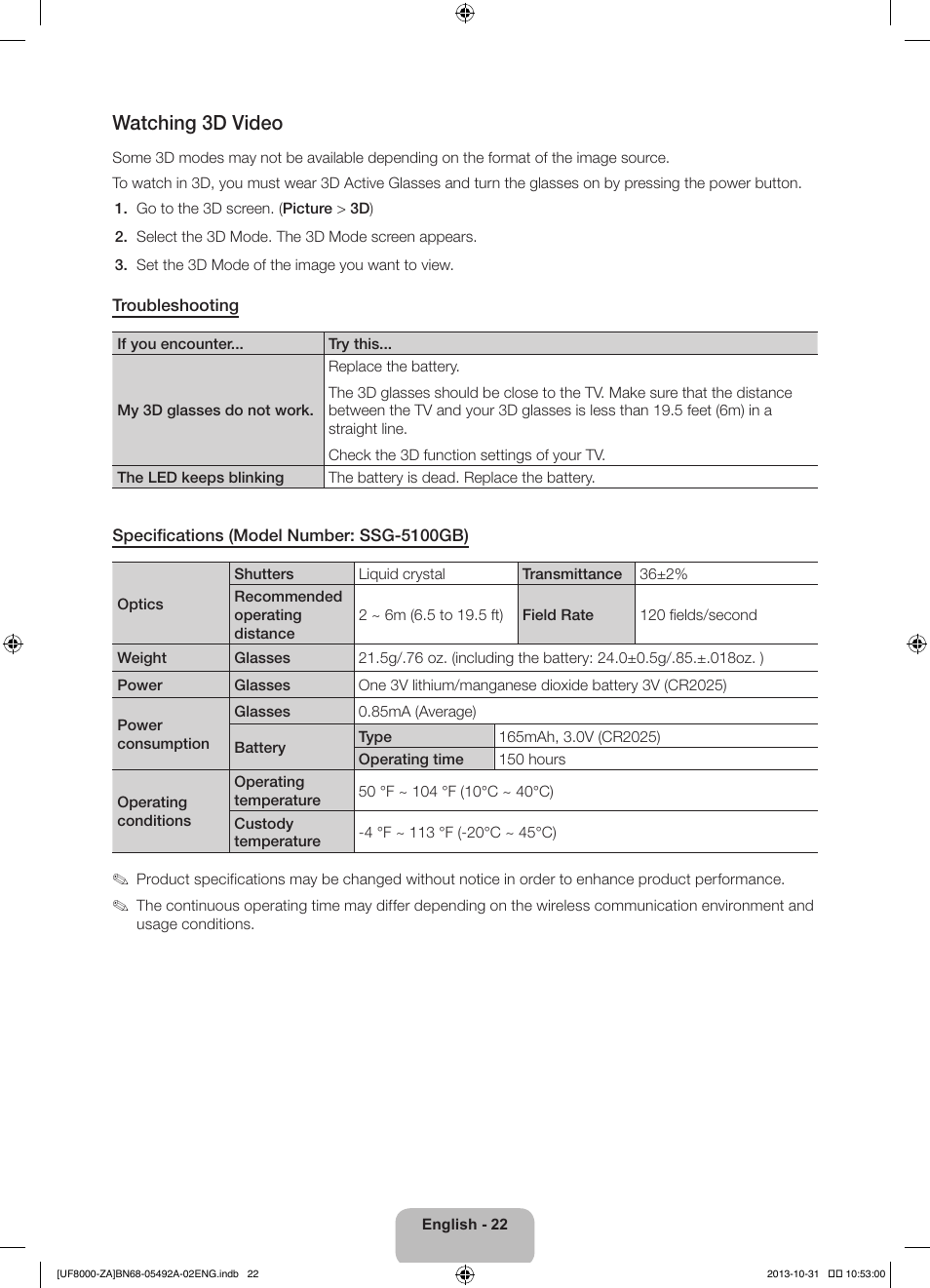 Watching 3d video | Samsung UN60F8000BFXZA User Manual | Page 22 / 38