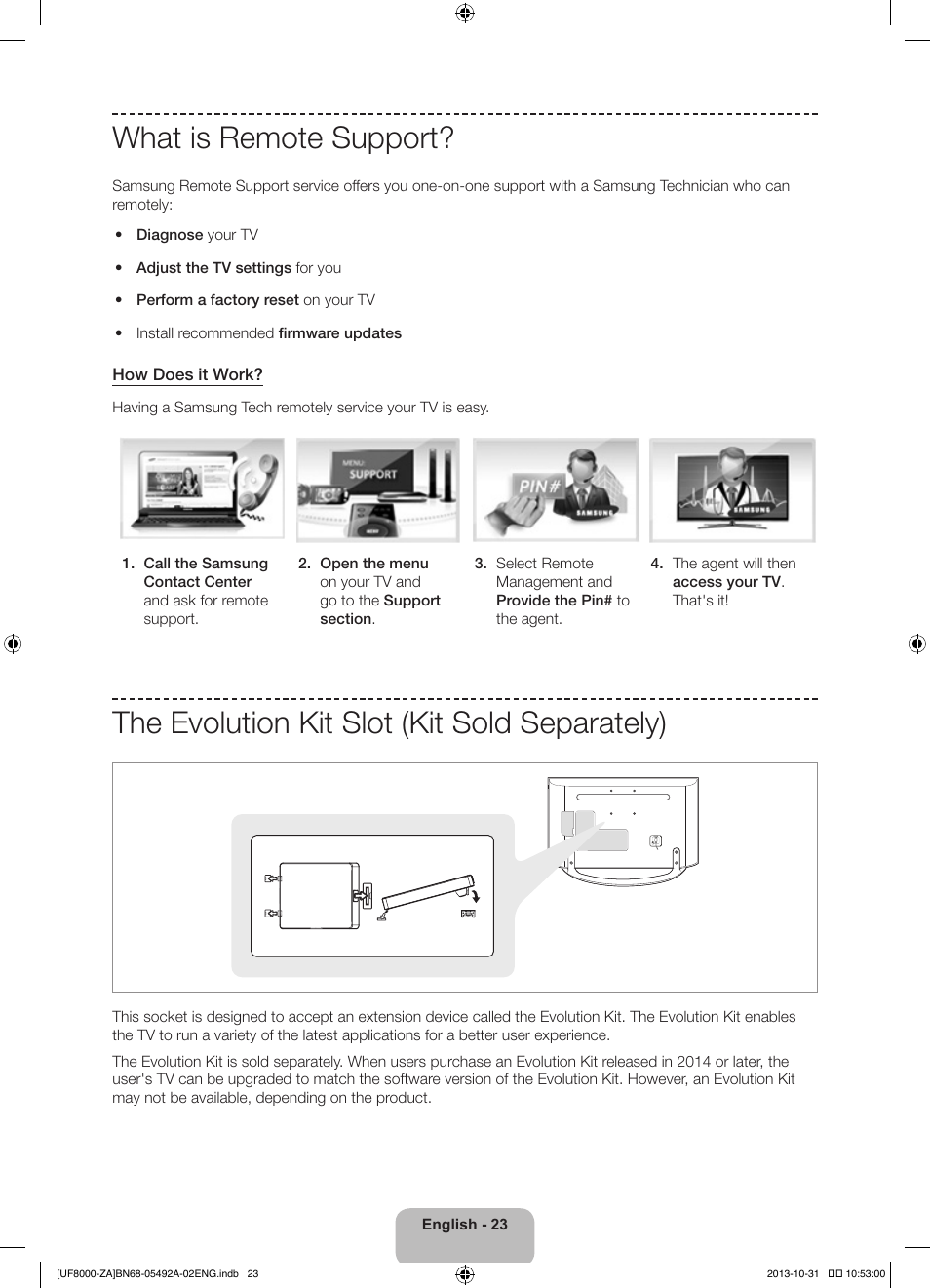 What is remote support, The evolution kit slot (kit sold separately) | Samsung UN60F8000BFXZA User Manual | Page 23 / 38