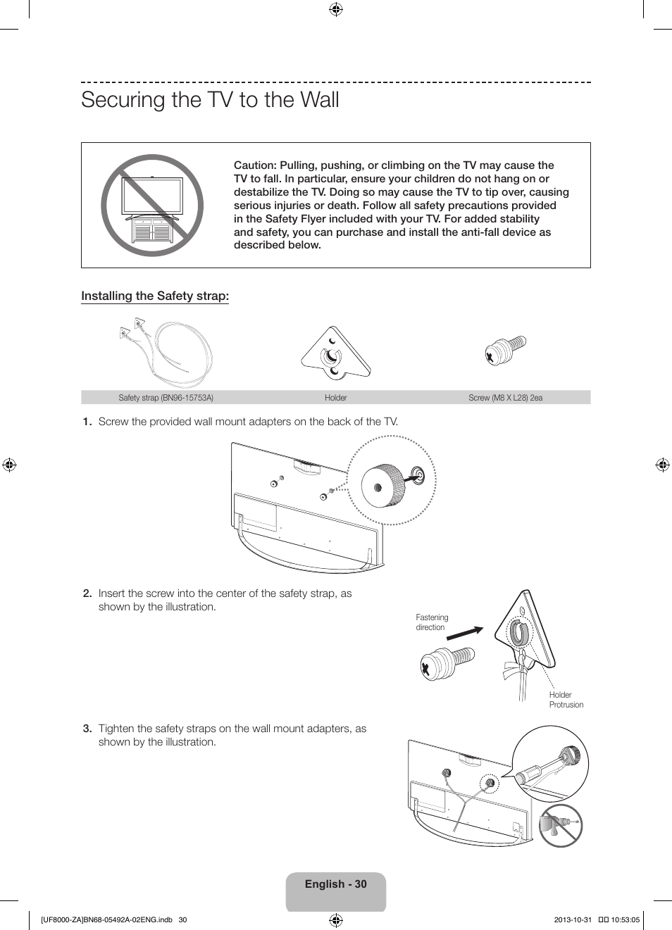 Securing the tv to the wall | Samsung UN60F8000BFXZA User Manual | Page 30 / 38