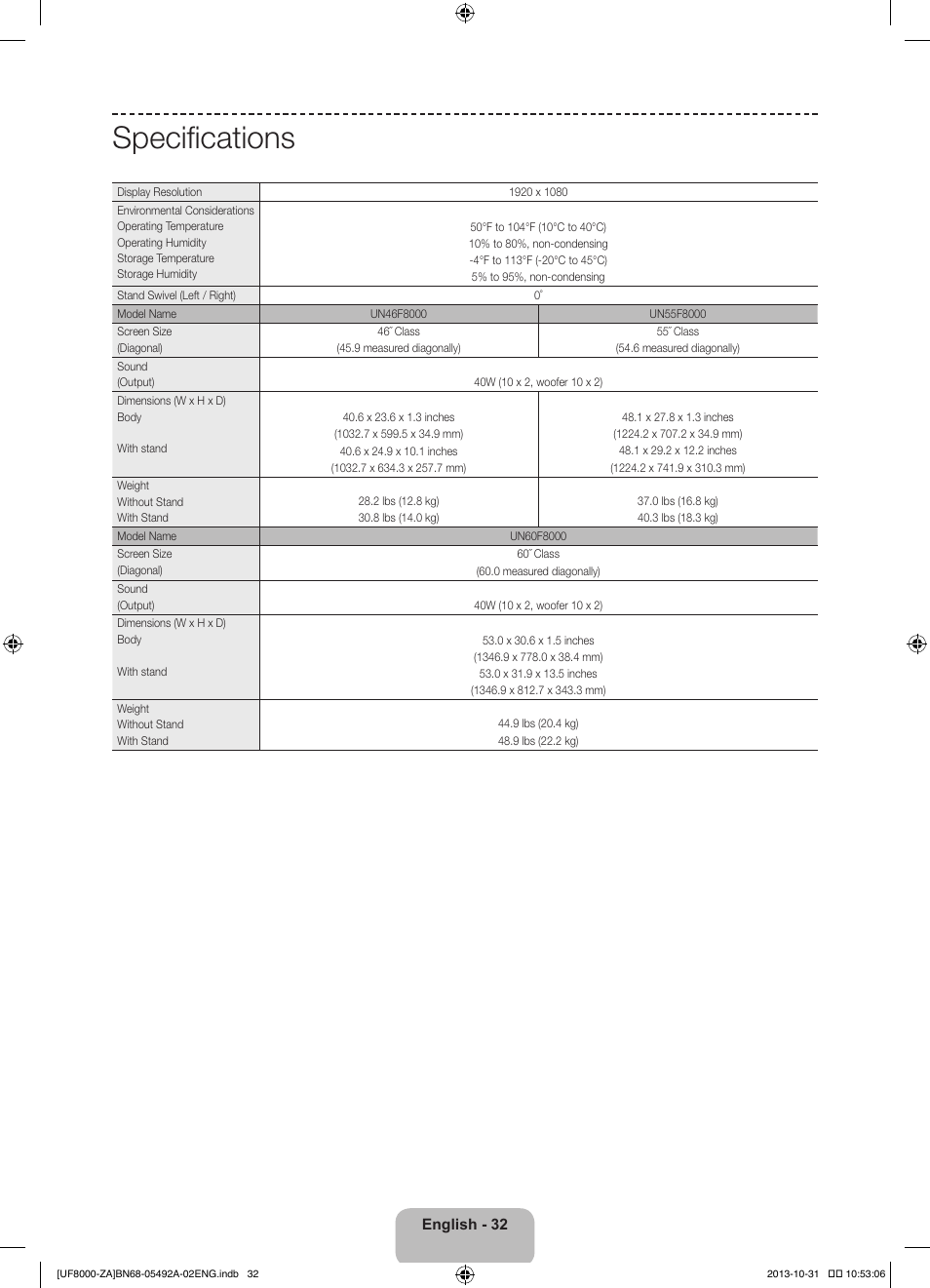 Specifications | Samsung UN60F8000BFXZA User Manual | Page 32 / 38