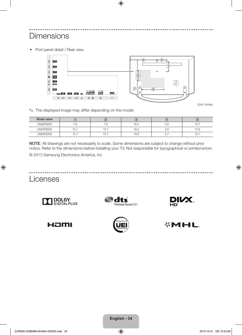 Dimensions, Licenses | Samsung UN60F8000BFXZA User Manual | Page 34 / 38