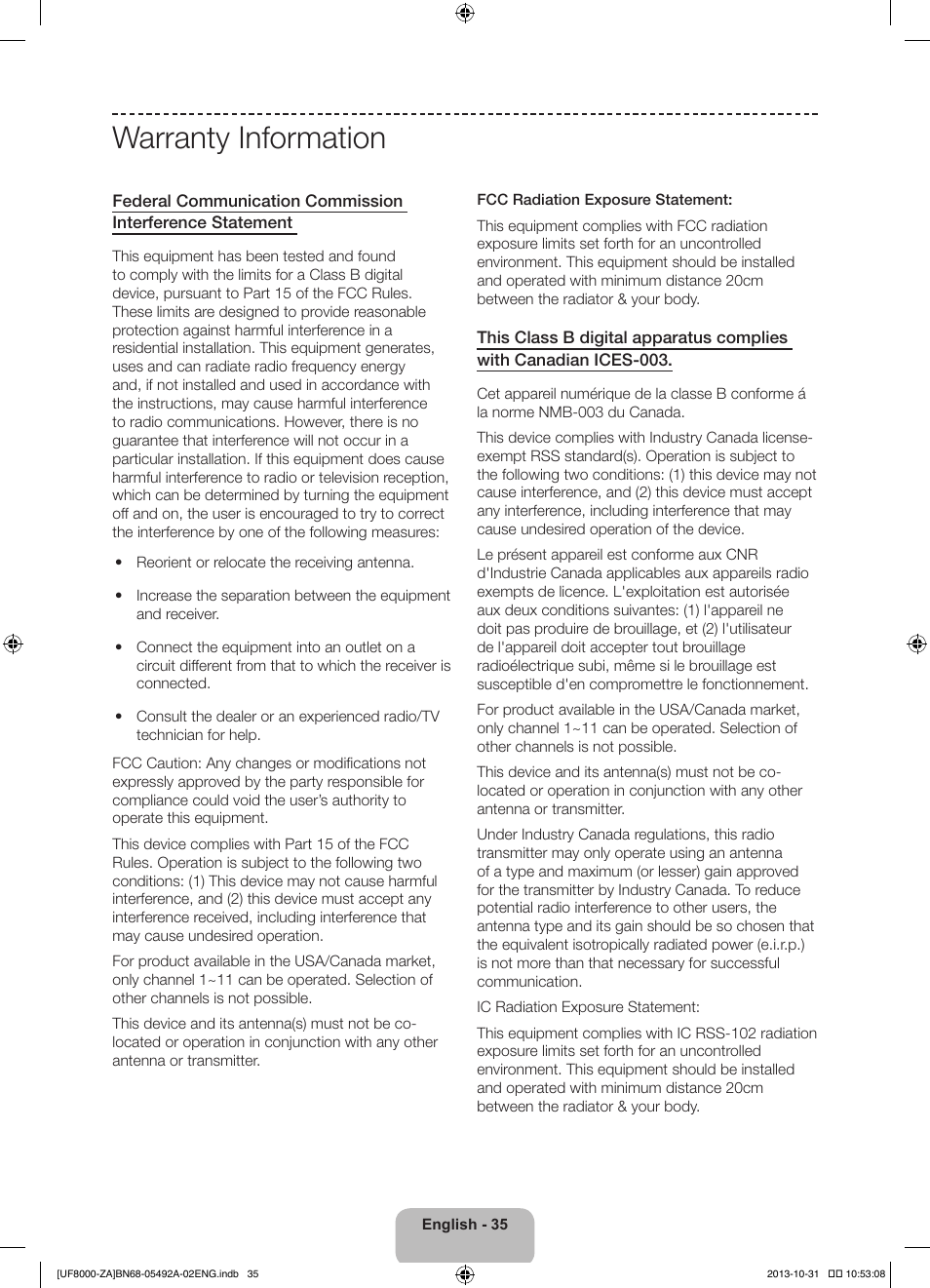 Warranty information | Samsung UN60F8000BFXZA User Manual | Page 35 / 38