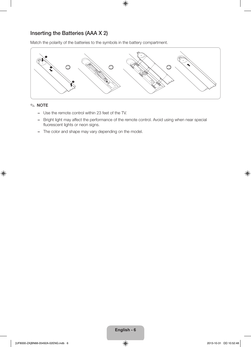 Inserting the batteries (aaa x 2) | Samsung UN60F8000BFXZA User Manual | Page 6 / 38