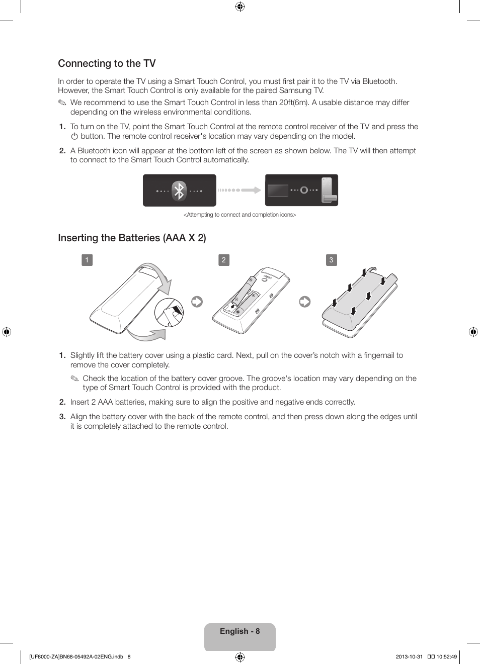 Connecting to the tv, Inserting the batteries (aaa x 2) | Samsung UN60F8000BFXZA User Manual | Page 8 / 38