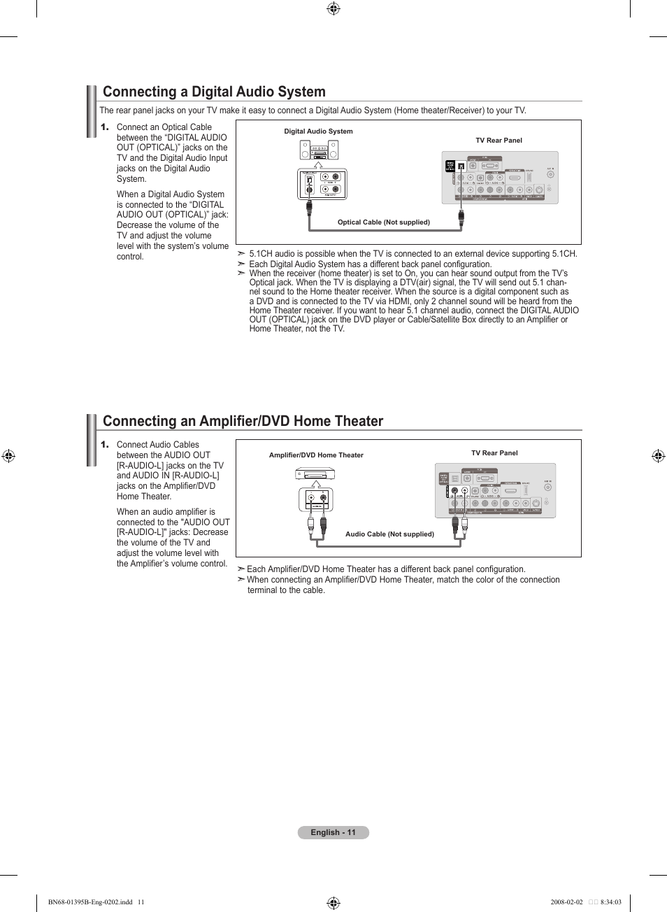 Connecting a digital audio system, Connecting an amplifier/dvd home theater | Samsung LN22A450C1DXZA User Manual | Page 13 / 121