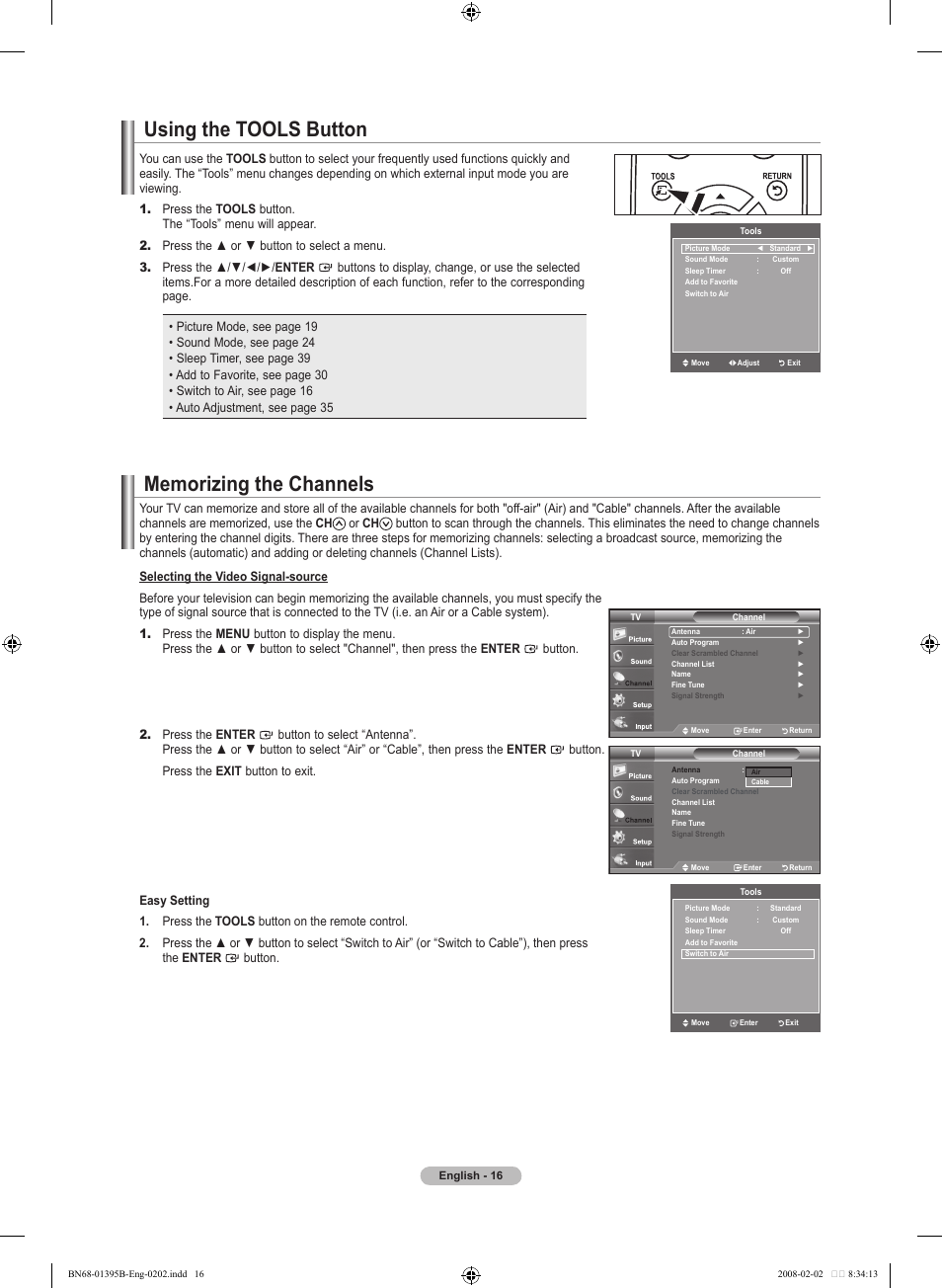 Using the tools button, Memorizing the channels | Samsung LN22A450C1DXZA User Manual | Page 18 / 121