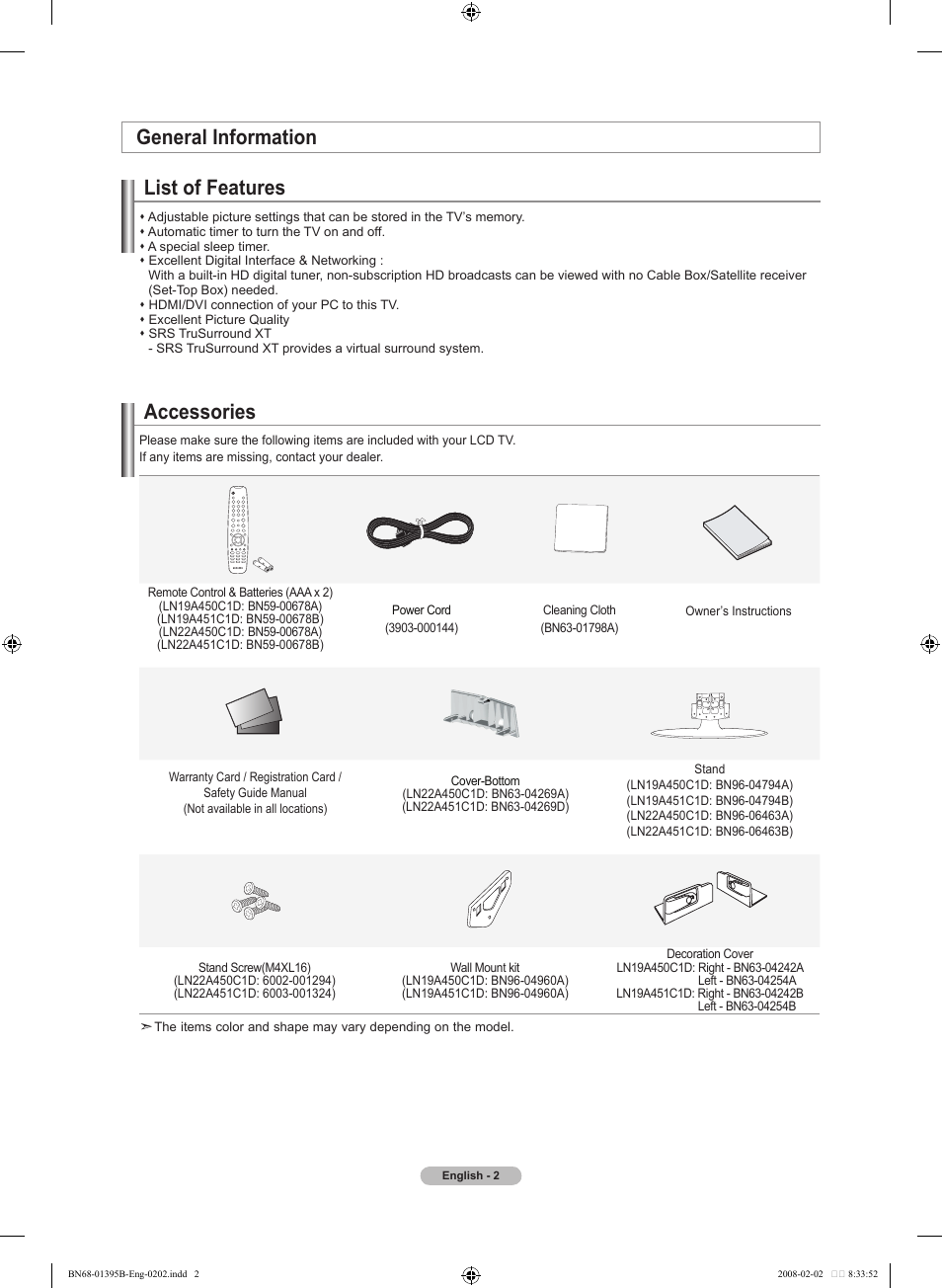 General information, List of features, Accessories | General information list of features | Samsung LN22A450C1DXZA User Manual | Page 4 / 121
