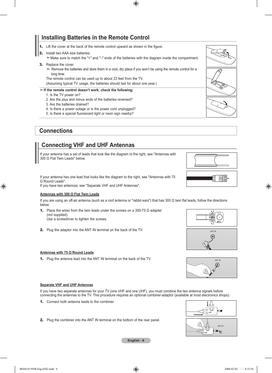 Installing batteries in the remote control, Connections, Connecting vhf and uhf antennas | Samsung LN22A450C1DXZA User Manual | Page 8 / 121