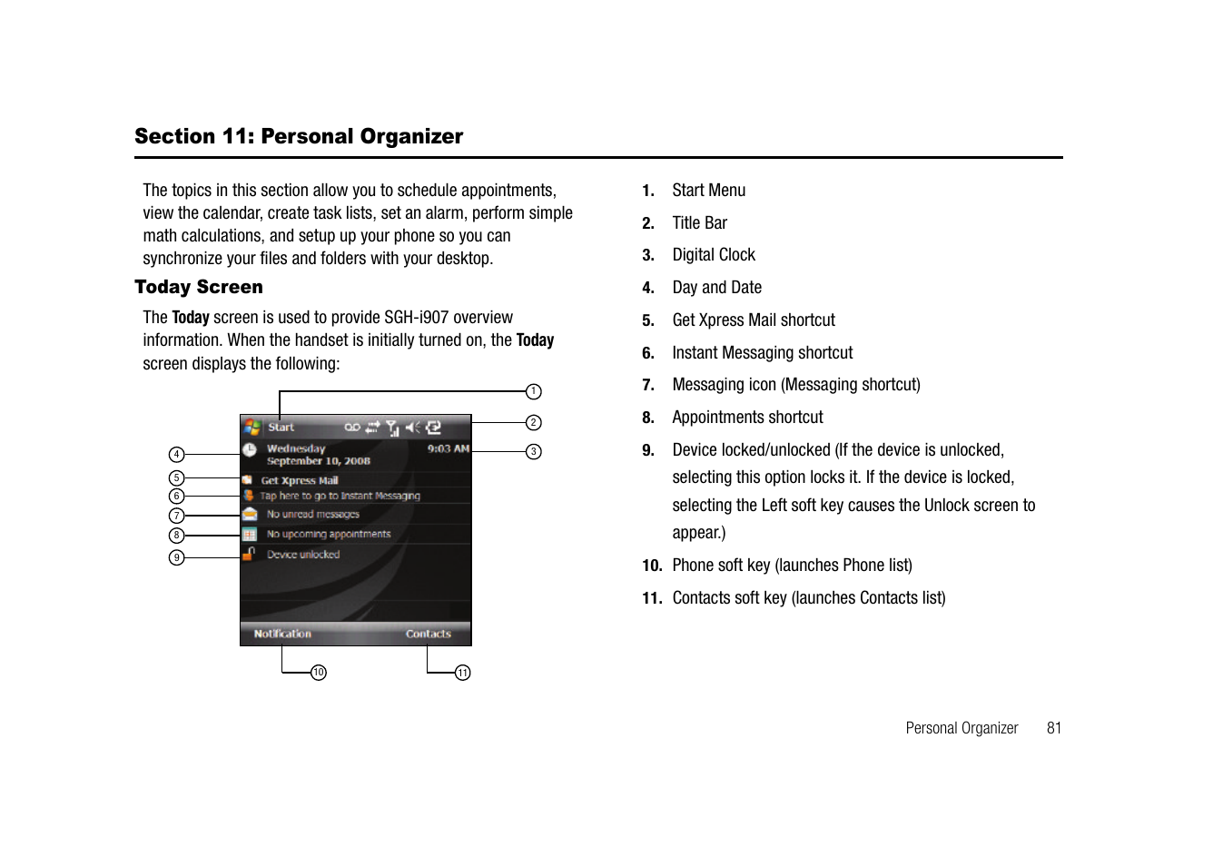 Section 11: personal organizer, Today screen | Samsung SGH-I907ZKAATT User Manual | Page 106 / 176