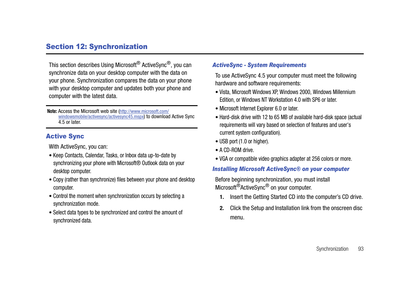 Section 12: synchronization, Active sync | Samsung SGH-I907ZKAATT User Manual | Page 118 / 176