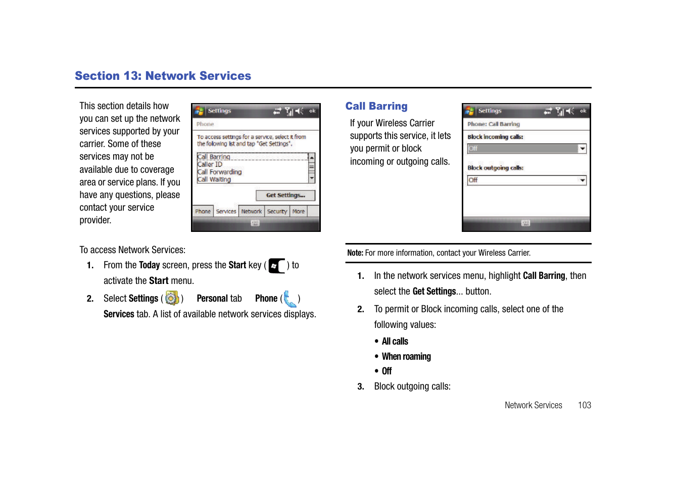 Section 13: network services, Call barring | Samsung SGH-I907ZKAATT User Manual | Page 128 / 176