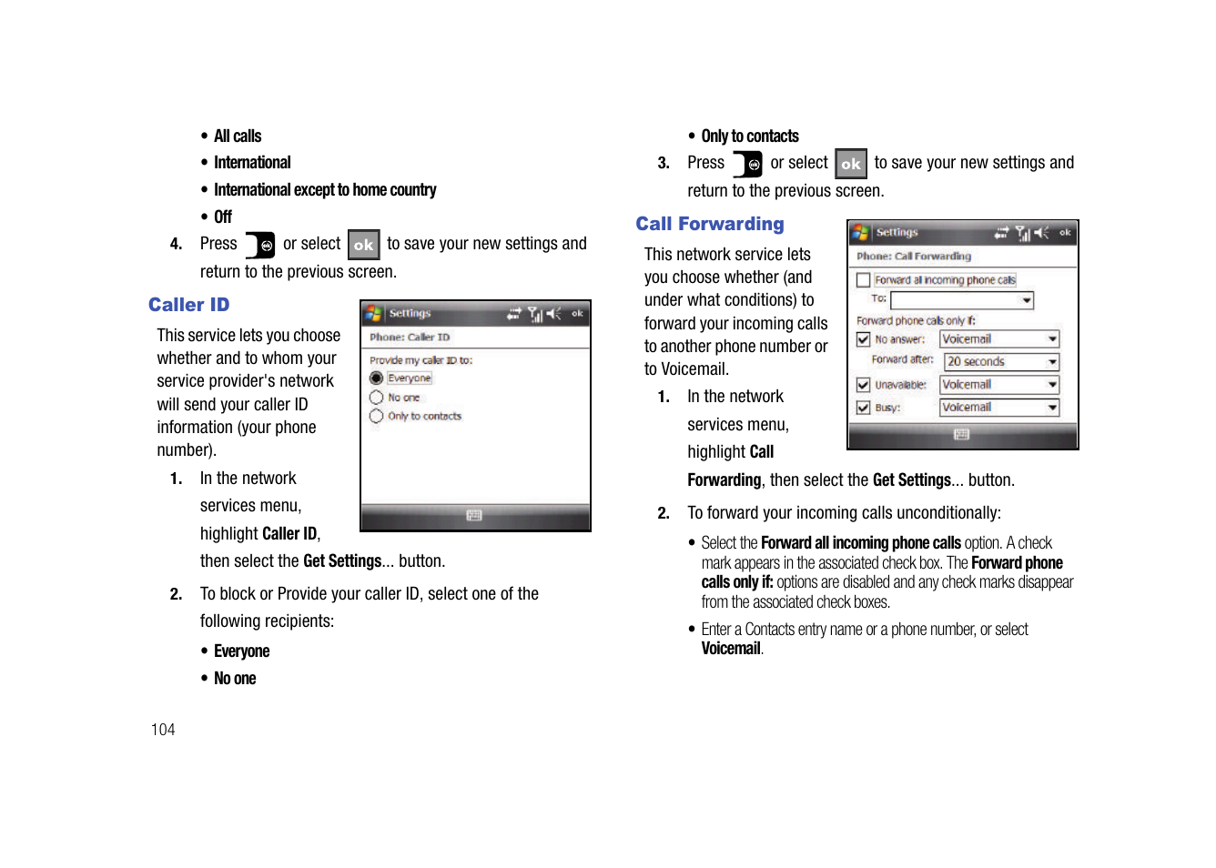 Caller id, Call forwarding, Caller id call forwarding | Samsung SGH-I907ZKAATT User Manual | Page 129 / 176