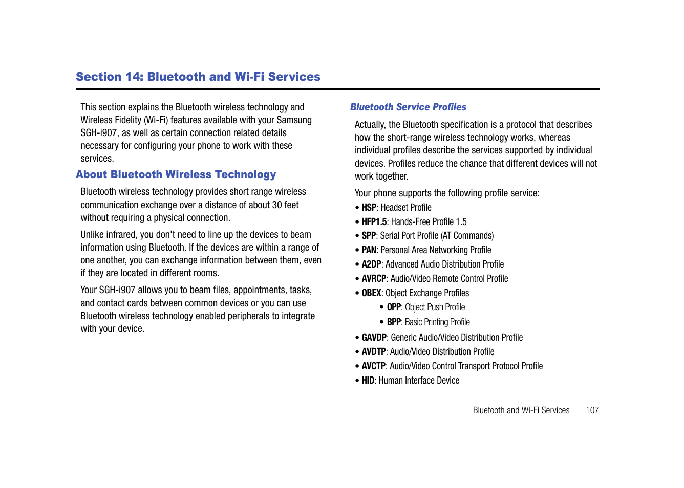 Section 14: bluetooth and wi-fi services, About bluetooth wireless technology | Samsung SGH-I907ZKAATT User Manual | Page 132 / 176