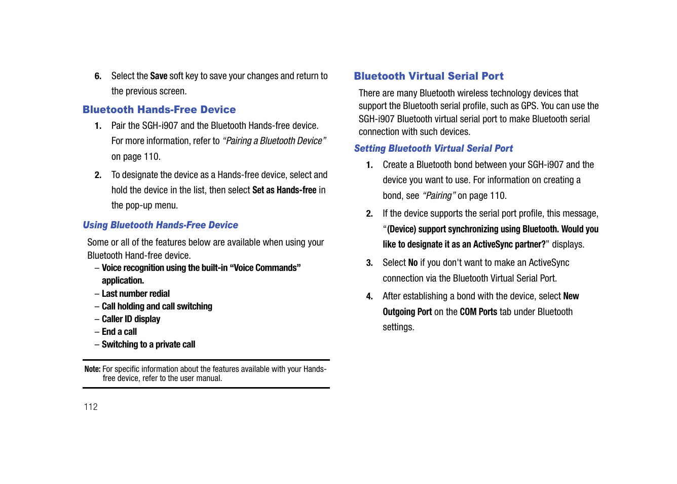 Bluetooth hands-free device, Bluetooth virtual serial port | Samsung SGH-I907ZKAATT User Manual | Page 137 / 176