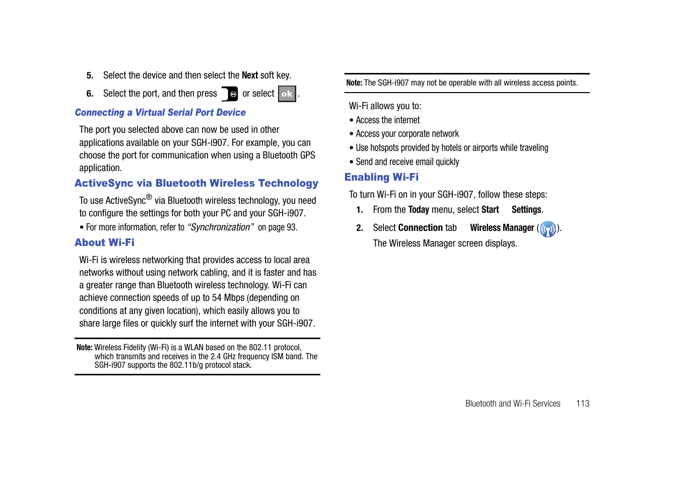 Activesync via bluetooth wireless technology, About wi-fi, Enabling wi-fi | Samsung SGH-I907ZKAATT User Manual | Page 138 / 176