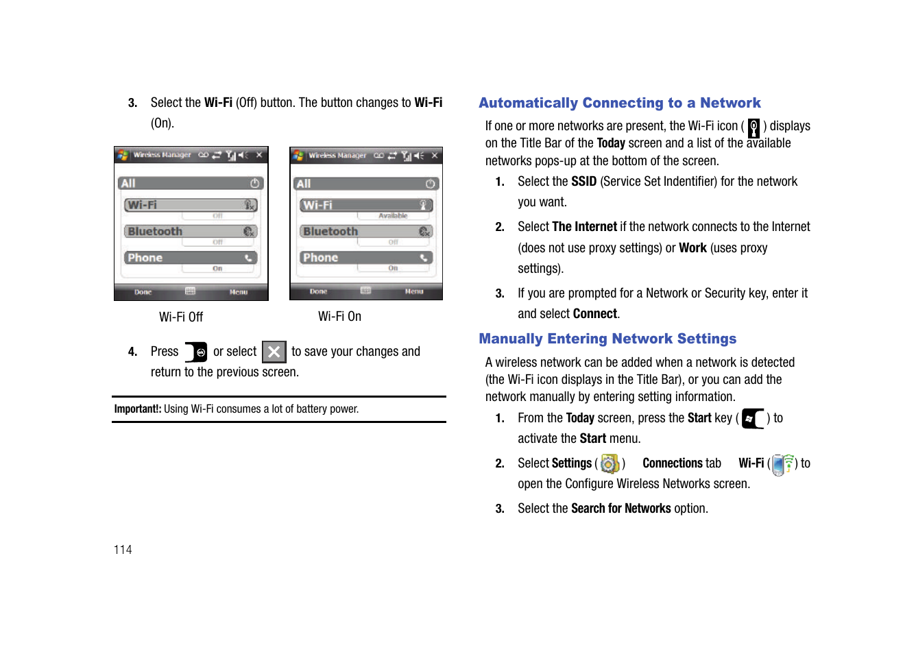 Automatically connecting to a network, Manually entering network settings | Samsung SGH-I907ZKAATT User Manual | Page 139 / 176