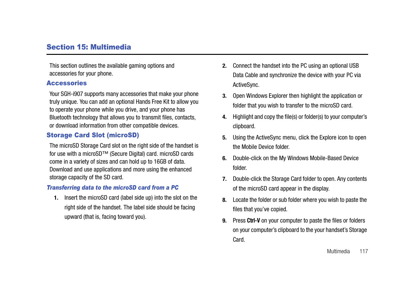 Section 15: multimedia, Accessories, Storage card slot (microsd) | Accessories storage card slot (microsd) | Samsung SGH-I907ZKAATT User Manual | Page 142 / 176
