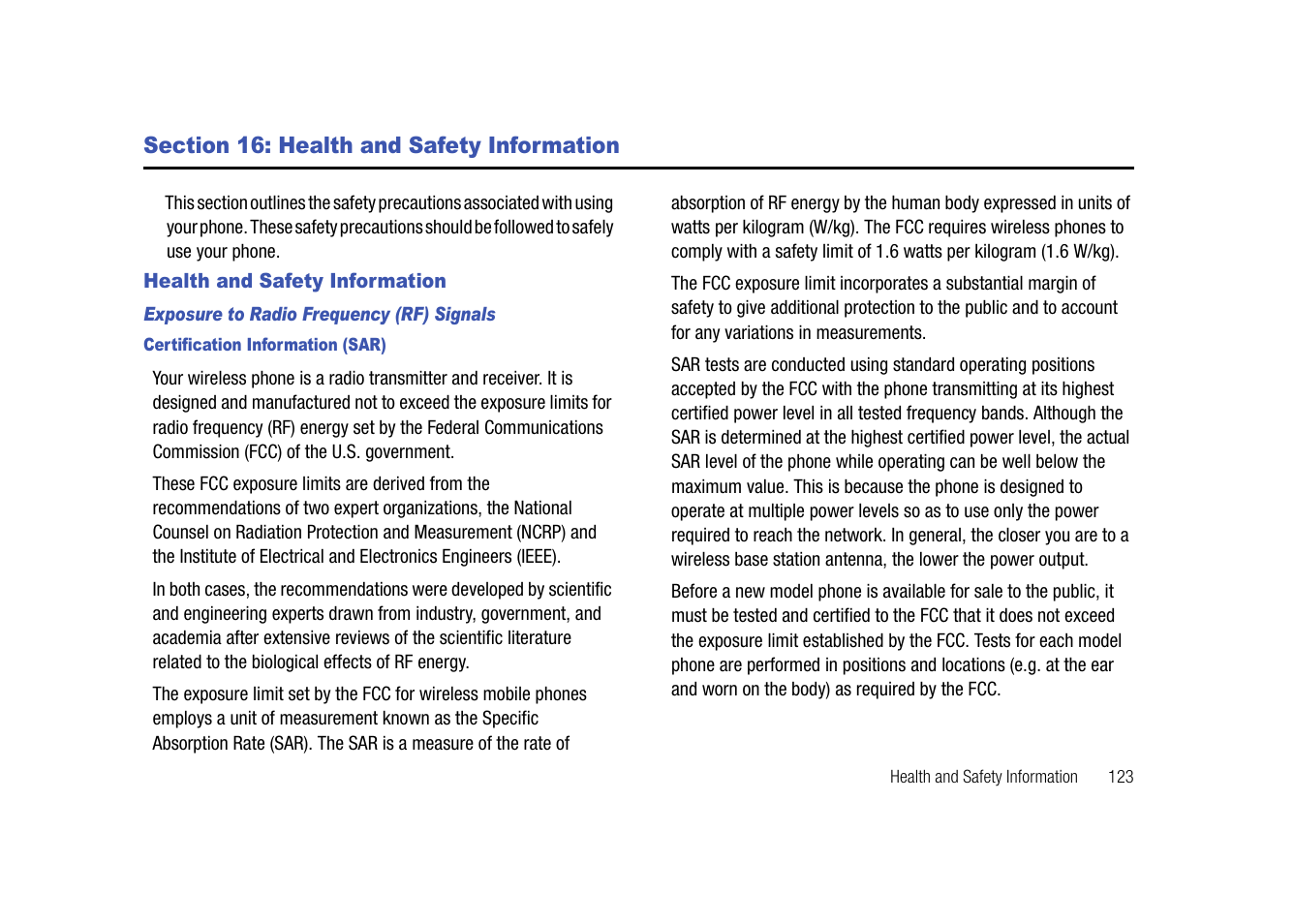 Section 16: health and safety information, Health and safety information | Samsung SGH-I907ZKAATT User Manual | Page 148 / 176