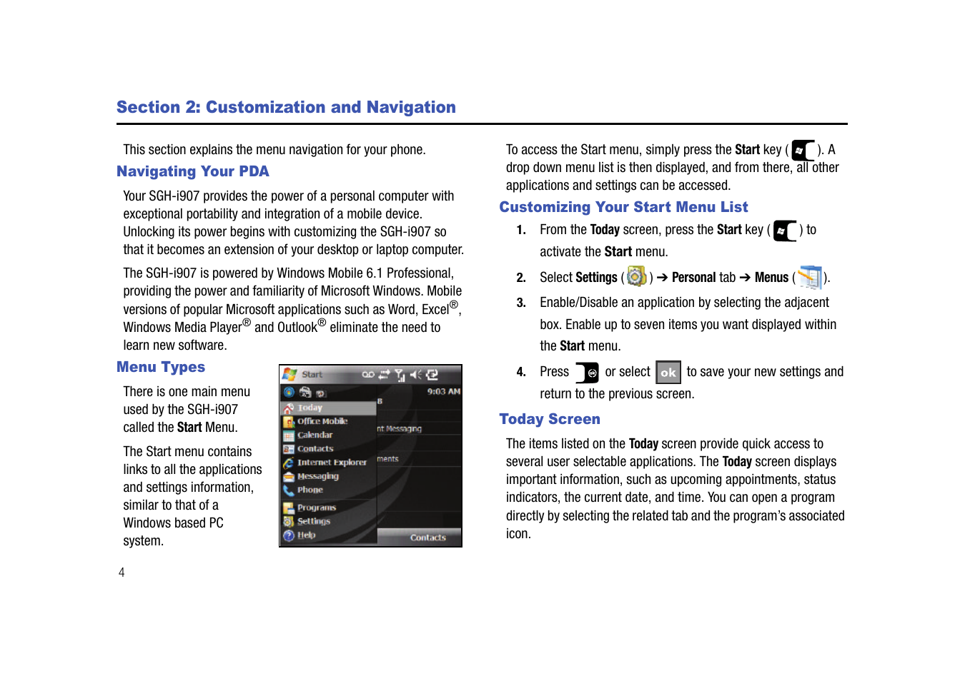 Section 2: customization and navigation, Navigating your pda, Menu types | Customizing your start menu list, Today screen | Samsung SGH-I907ZKAATT User Manual | Page 15 / 176