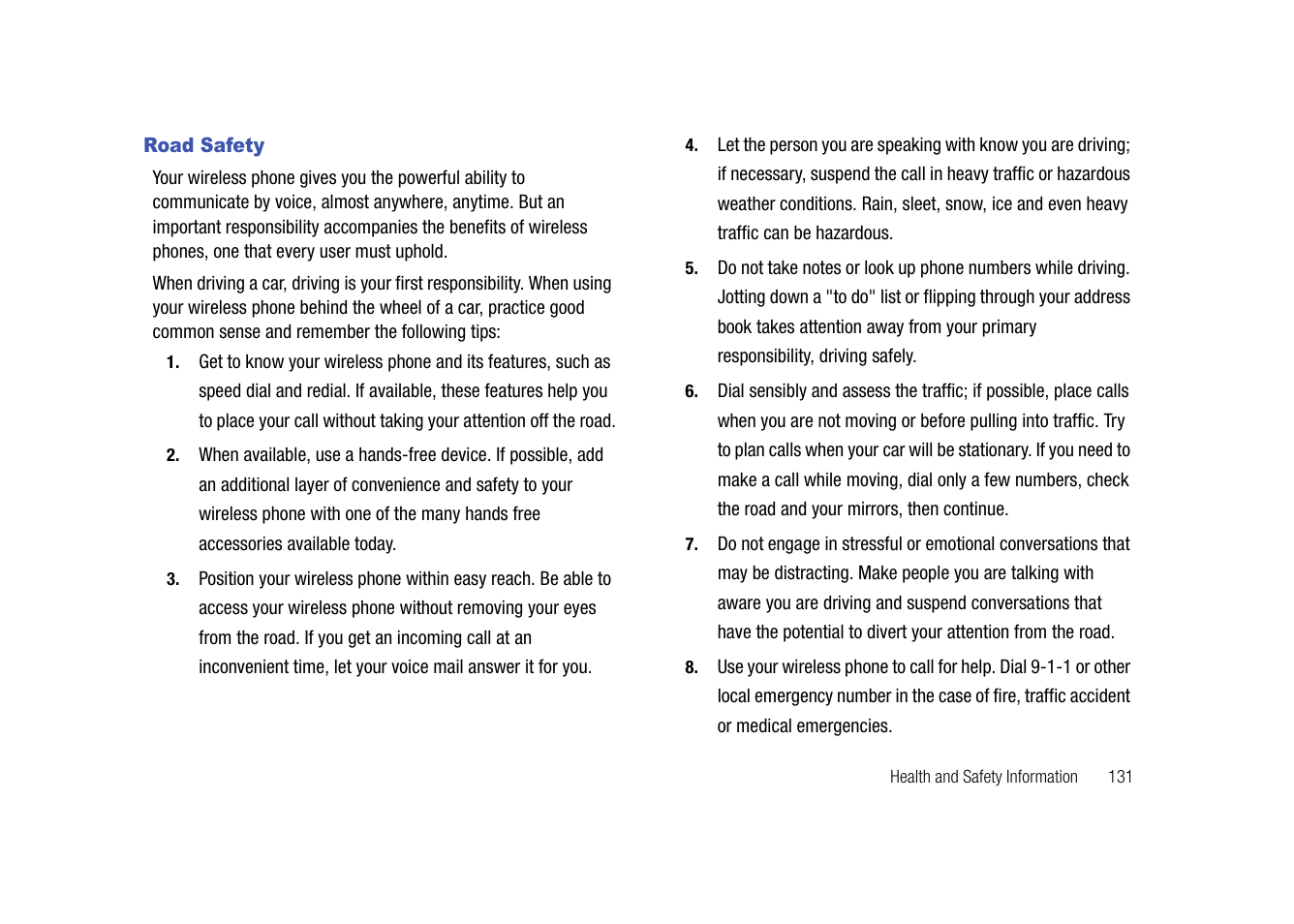 Road safety | Samsung SGH-I907ZKAATT User Manual | Page 156 / 176