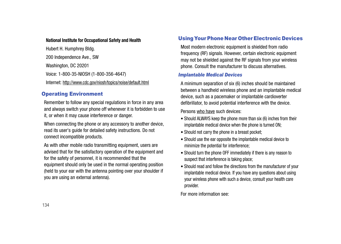 Operating environment, Using your phone near other electronic devices | Samsung SGH-I907ZKAATT User Manual | Page 159 / 176